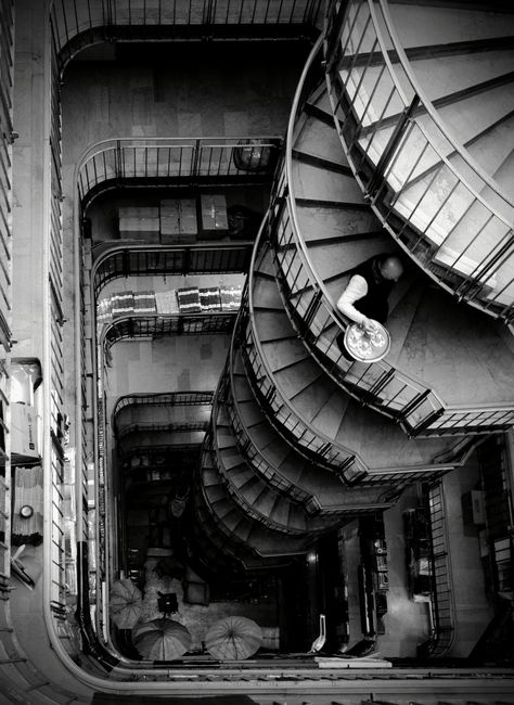 Black and white aerial shot of a spiral staircase in Istanbul, Turkey.