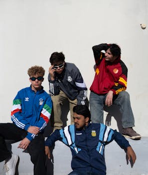 Four young men wearing stylish sports jackets posing outdoors on a sunny day.