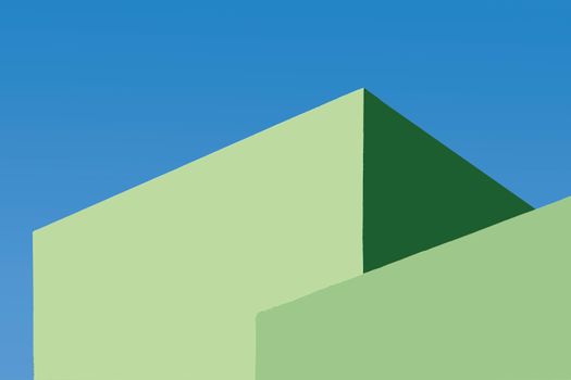 Modern building design with green walls under a clear blue sky.
