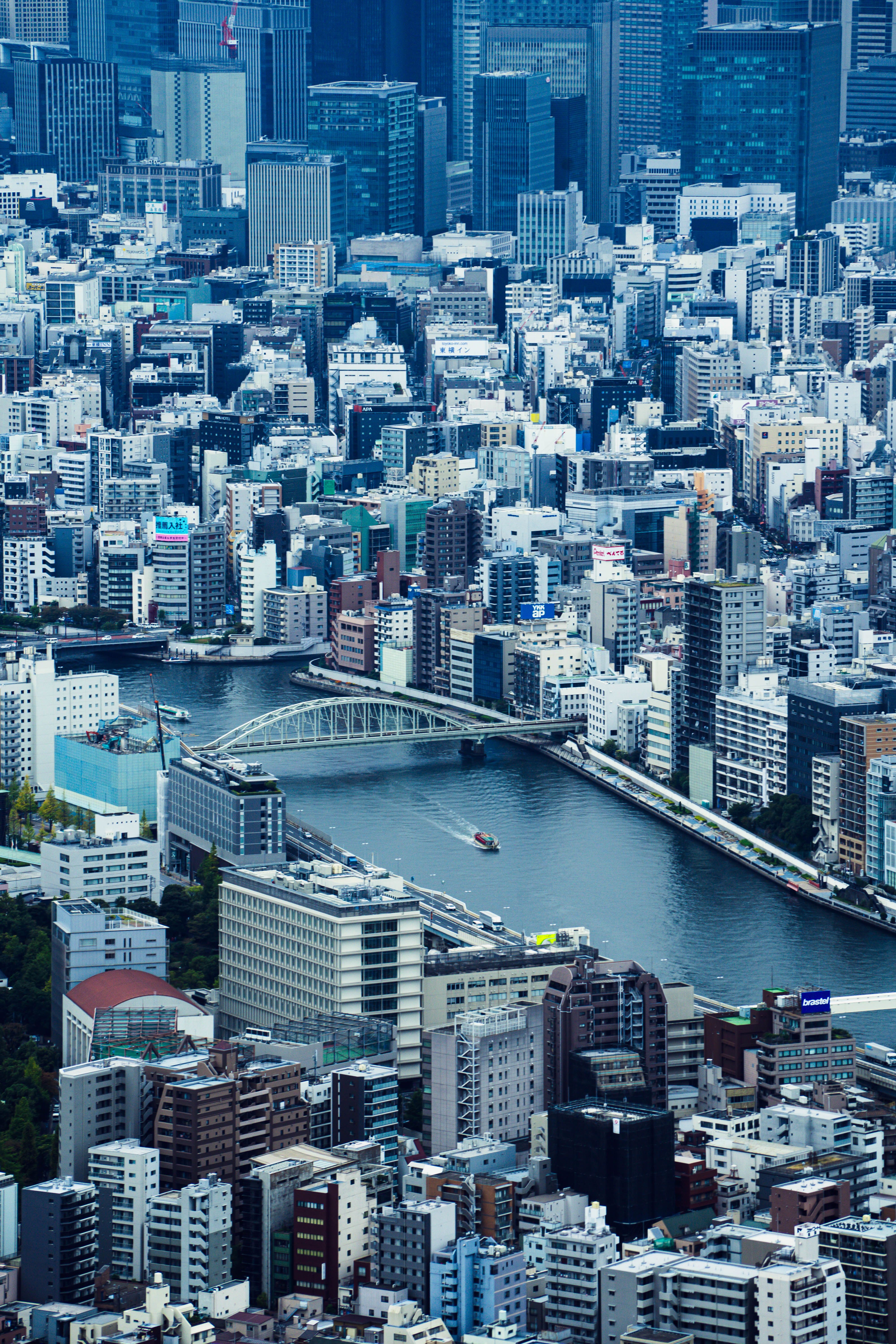 Aerial view showcasing the dense urban landscape of Sumida City, Tokyo, Japan.