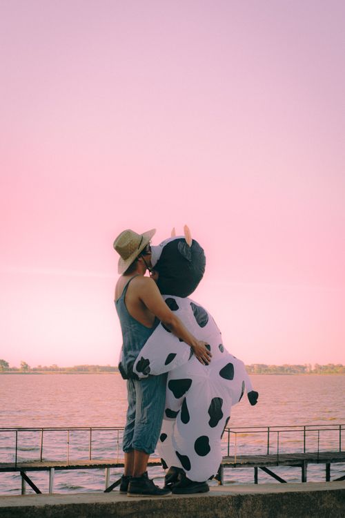 Free A whimsical moment of affection with a person in a cow costume by the lakeside during sunset. Stock Photo