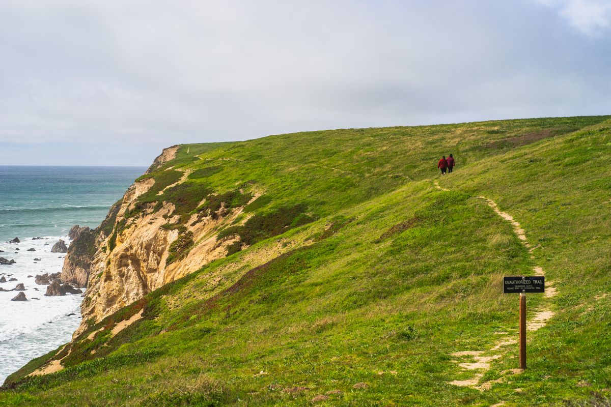 Two hikers on a grassy coastal cliff trail, photo by Robert So on Pexels