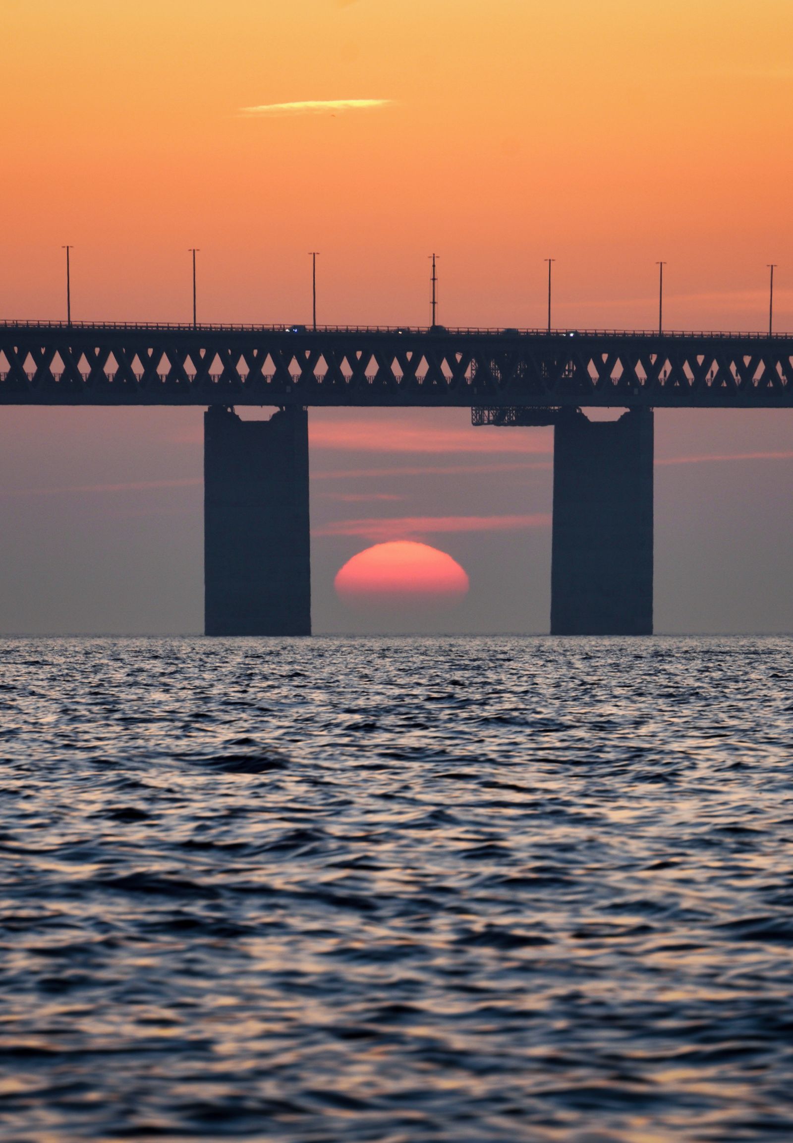 Cable-stayed bridge crossing a wide river at dusk
