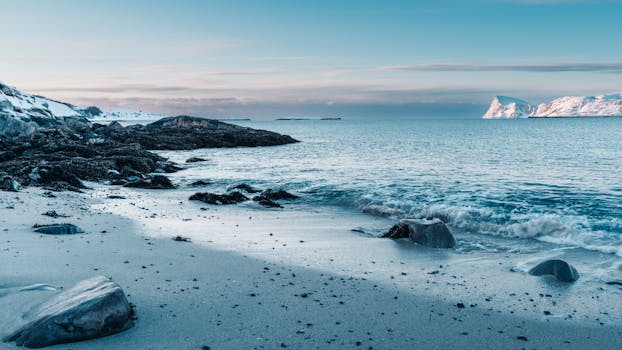 Beautiful snowy beach landscape at Sommarøy, Norway during winter.