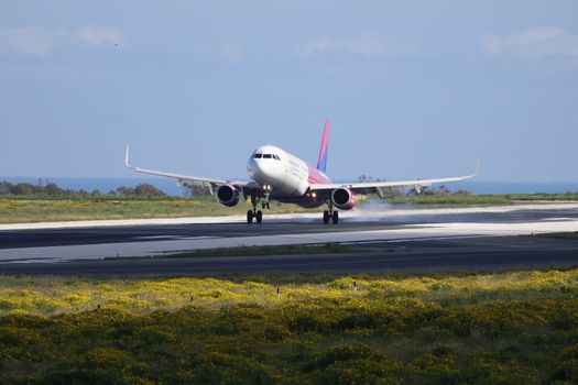 An airplane touching down on a sunny runway surrounded by greenery.