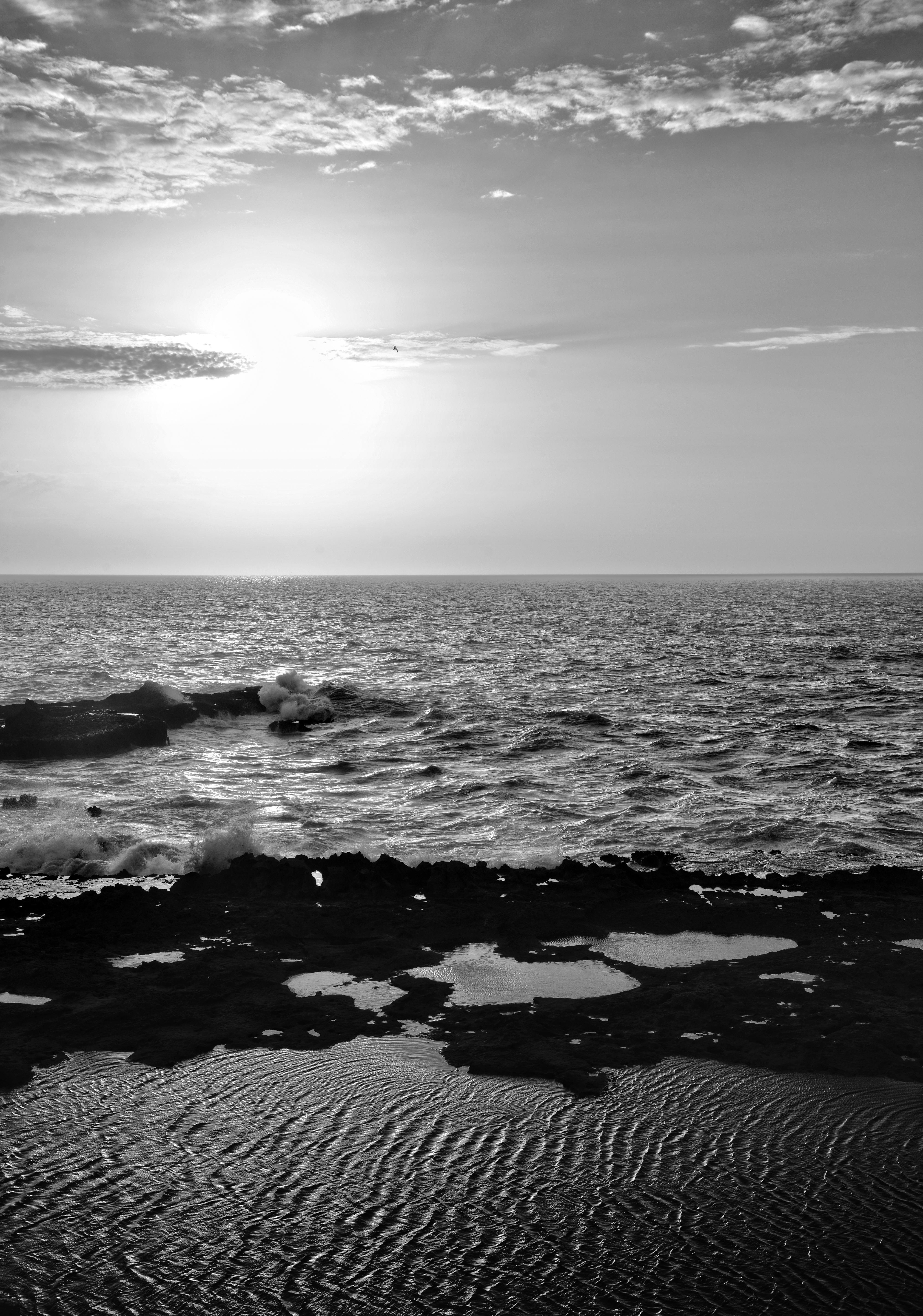 Dramatic black and white photo of ocean waves during sunset.