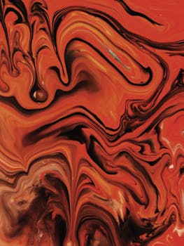这幅动态抽象丙烯酸绘画，以充满活力的红色和橙色漩涡为特色