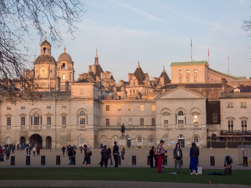 Scenic view of Horse Guards Parade in London with a vibrant sunset backdrop.
