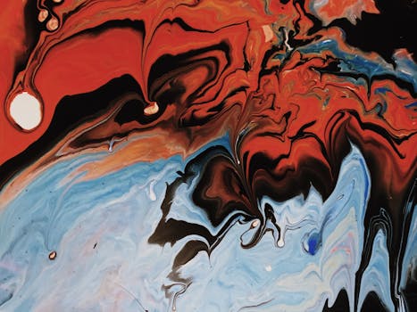 这幅动态抽象丙烯酸艺术品以大胆的红蓝漩涡构成，具有引人注目的视觉冲击力