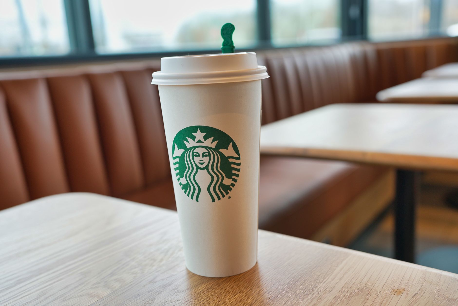 Different Starbucks cup sizes lined up on a counter