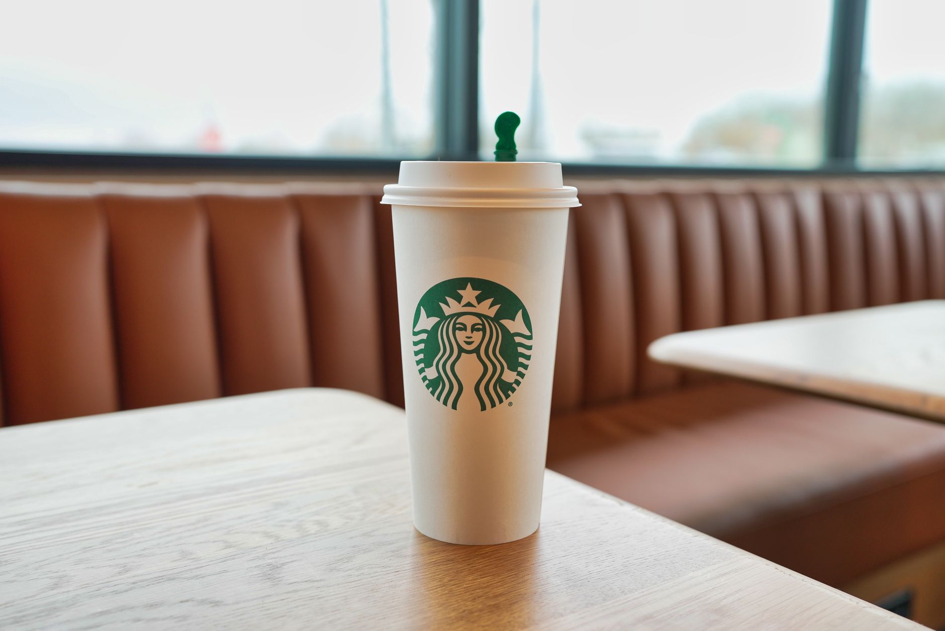 Person sipping coffee from reusable Stanley cup Starbucks on a sunny morning