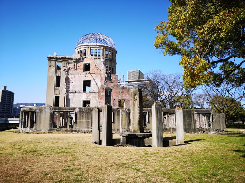 The A-Bomb Dome (Genbaku Dome) in Hiroshima Peace Memorial Park — the only structure left standing near the August 6, 1945 atomic bomb hypocenter