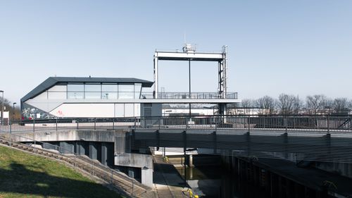 Free A contemporary floodgate structure in Hamburg showcasing engineering and architecture. Stock Photo