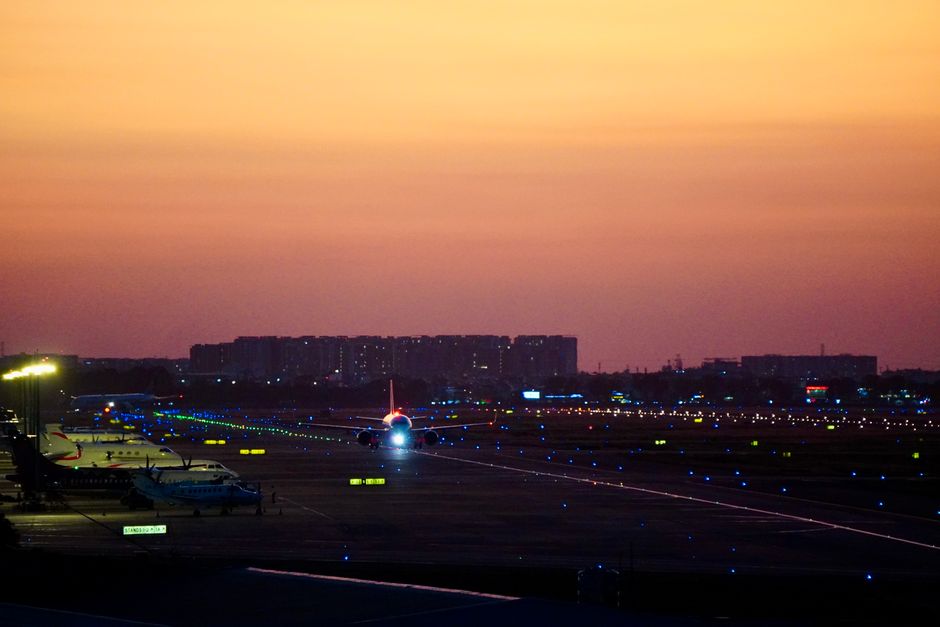 airport runway landing light evening