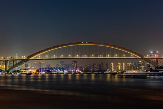 A night view of an illuminated bridge spanning a city skyline with vibrant lights reflecting on the water.