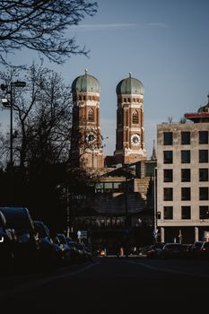 View of the Frauenkirche's twin towers at twilight in Munich, Germany.