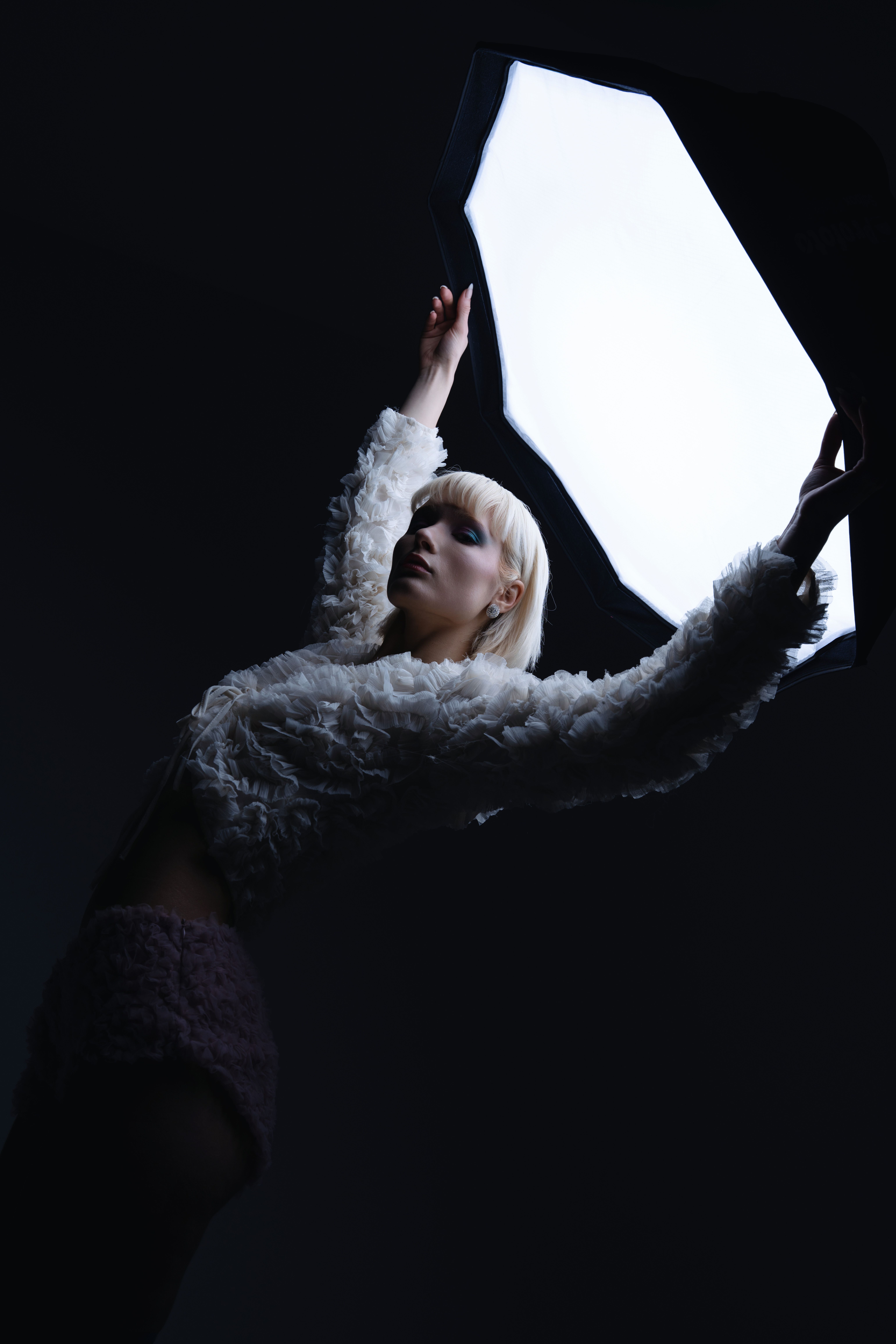 Softbox lighting setup showing face-level illumination used for photo and video