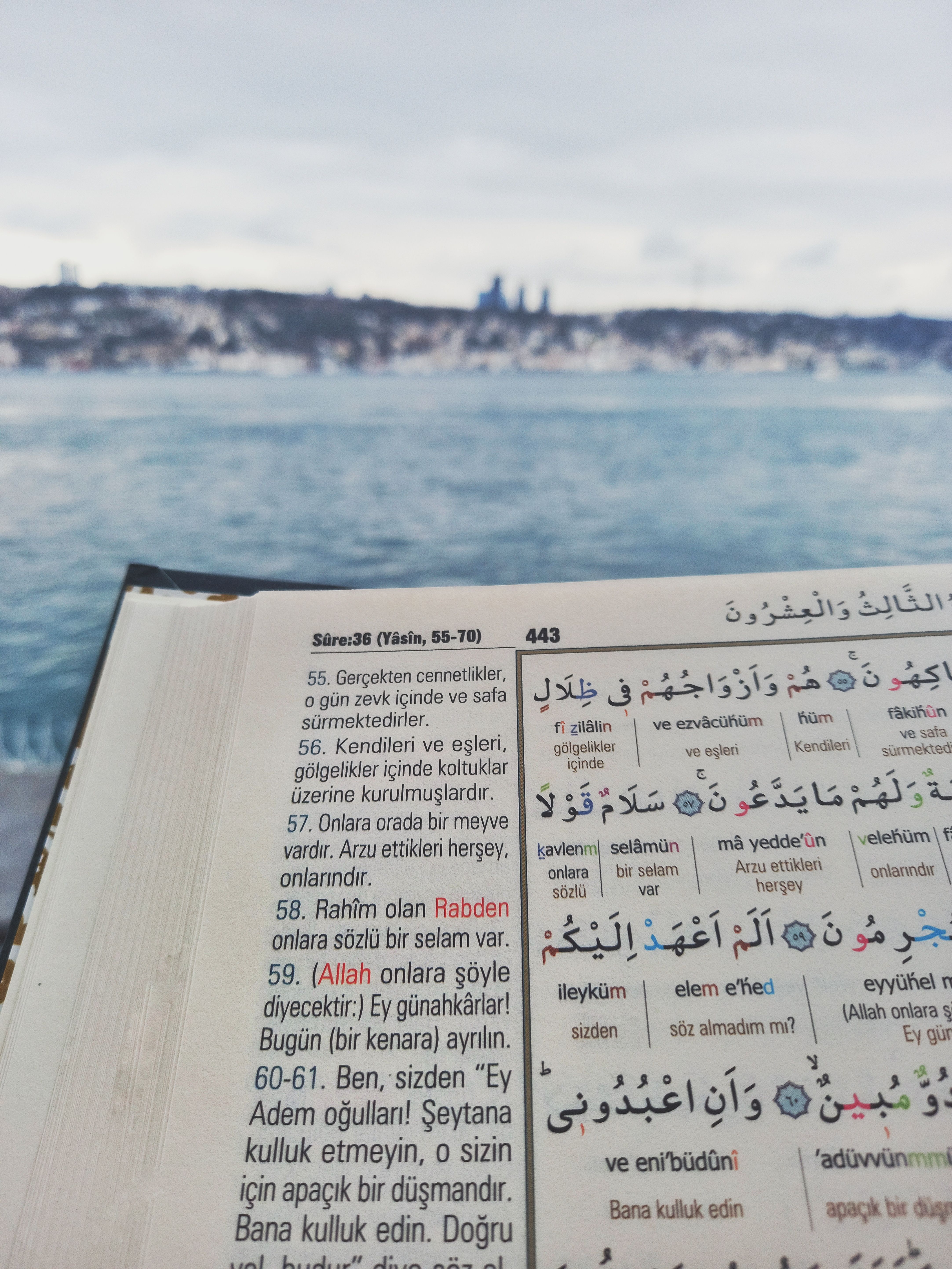 An open Quran showing Arabic script with the Istanbul skyline in the distance.