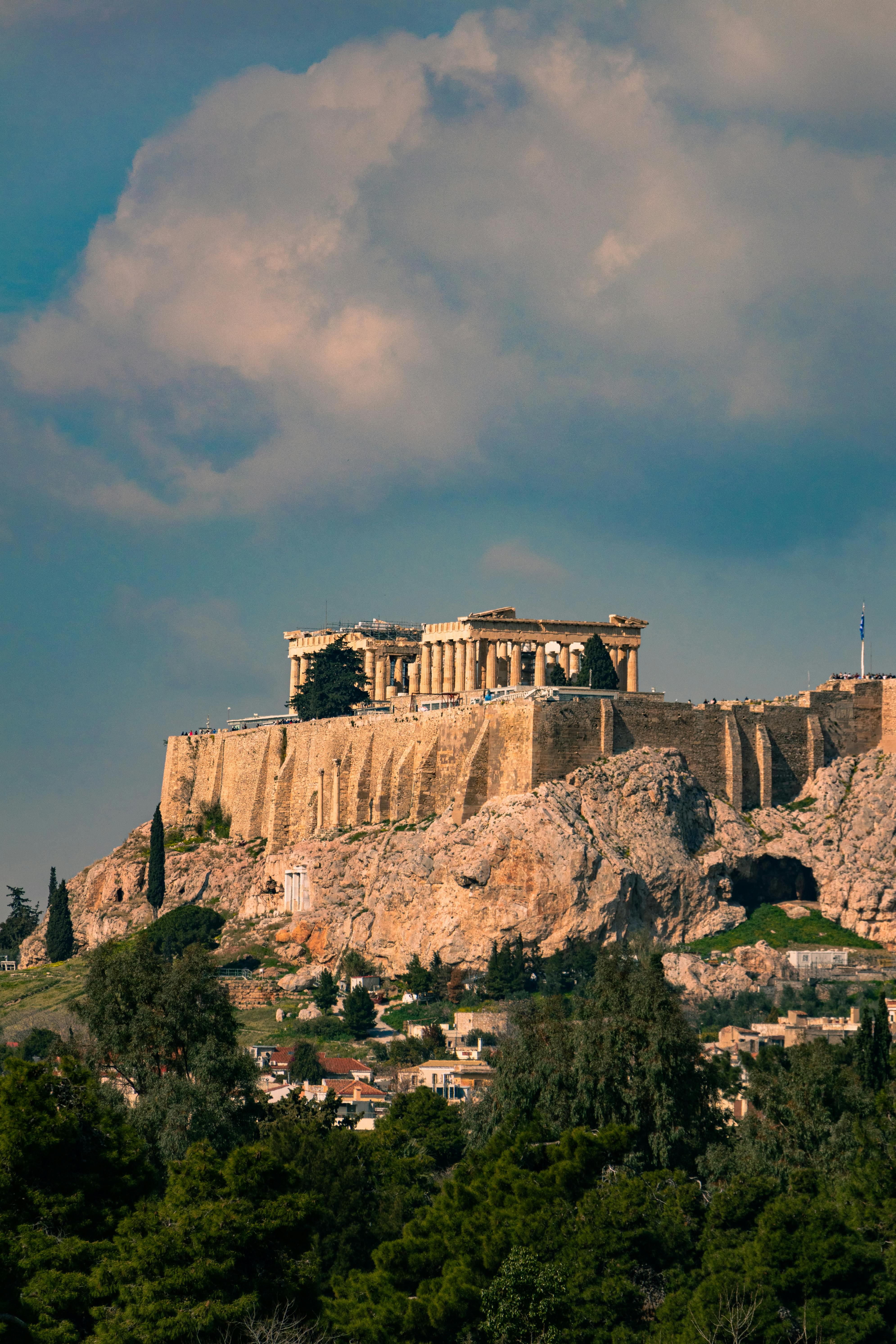 Athens Acropolis and Parthenon viewed from below against blue sky Greece