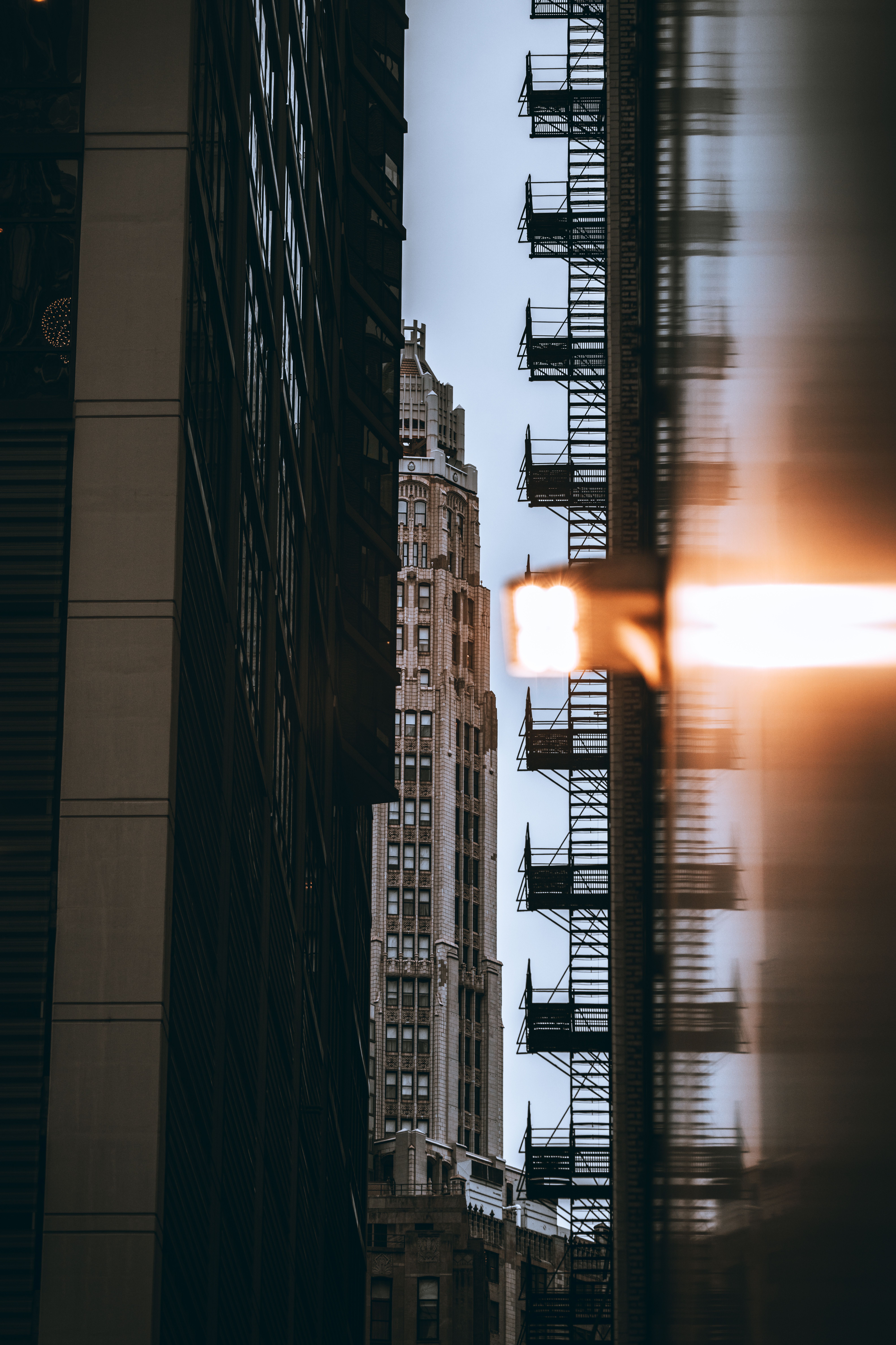 A striking view of Chicago's urban architecture, capturing iconic fire escapes.
