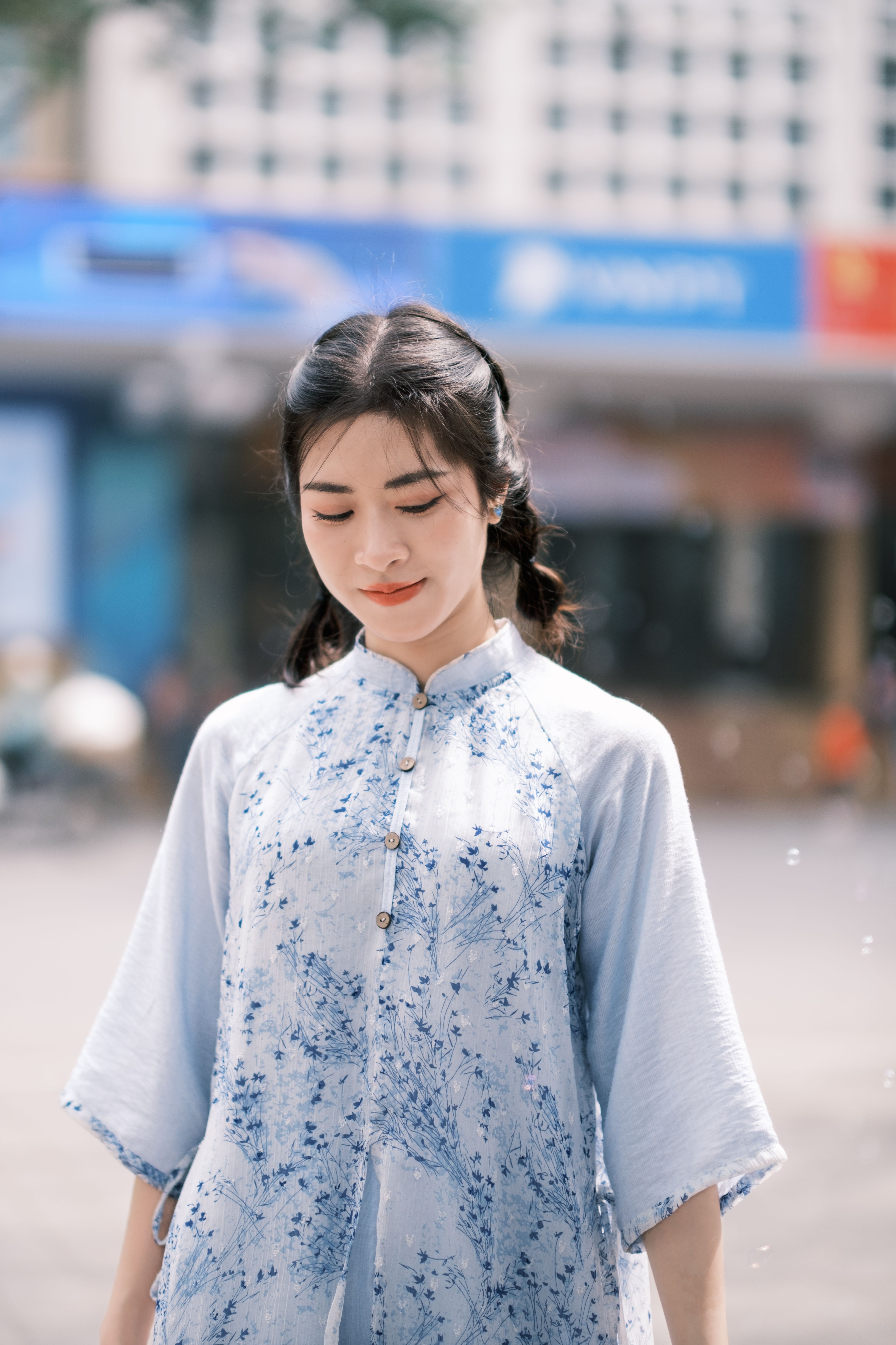 Young Woman in Traditional Blue Floral Dress · Free Stock Photo