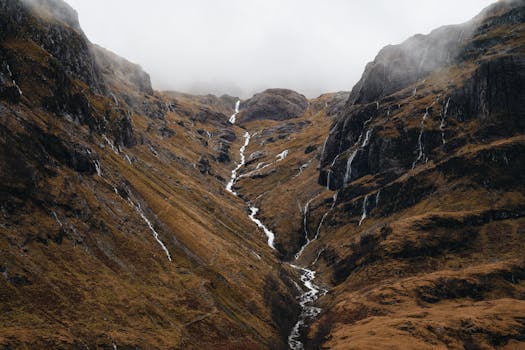 Captivating view of Fort William's rugged mountains enveloped in mist.