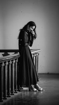 A pensive woman in a long black dress standing by a railing indoors.