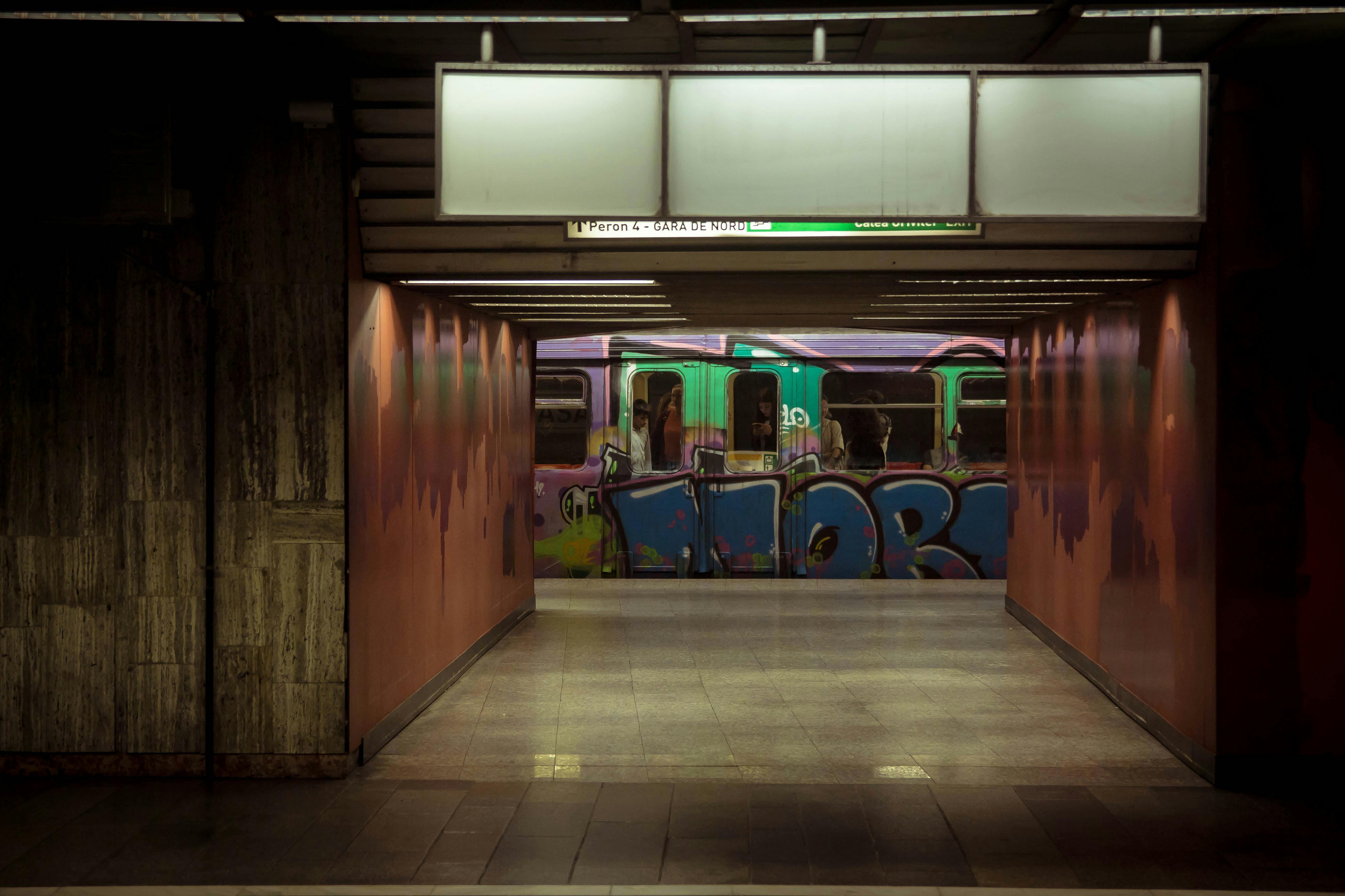 Miễn phí Những hình vẽ graffiti đầy màu sắc trên một đoàn tàu tại ga tàu điện ngầm tạo nên một khung cảnh đô thị sống động. Ảnh lưu trữ