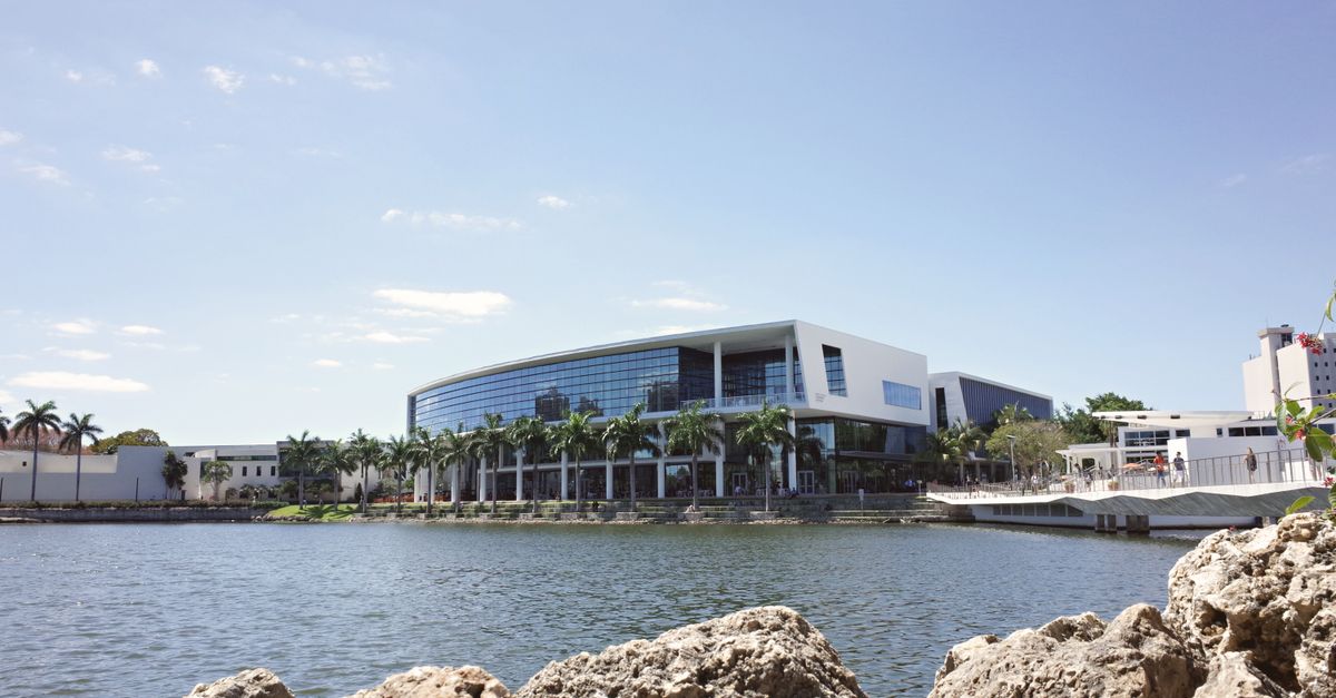 Beautiful modern university campus by the water in Coral Gables, Florida.