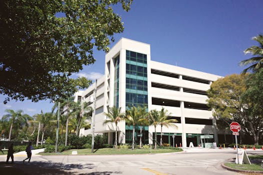Modern parking structure at a university campus in Coral Gables, Florida.