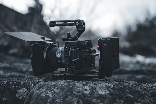 Close-up of a professional cinema camera in an outdoor setting on a rocky surface.