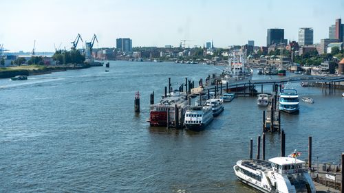 Free Aerial view of Hamburg harbor with boats and cityscape under clear blue skies. Stock Photo
