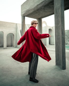 Stylish woman in red coat and beret twirls gracefully in a minimalist concrete setting.