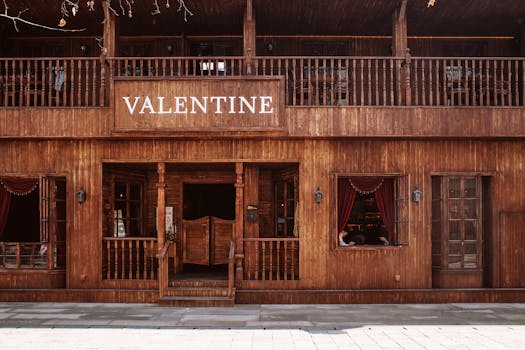 Vintage wooden saloon facade with VALENTINE sign, evoking a classic Western atmosphere.