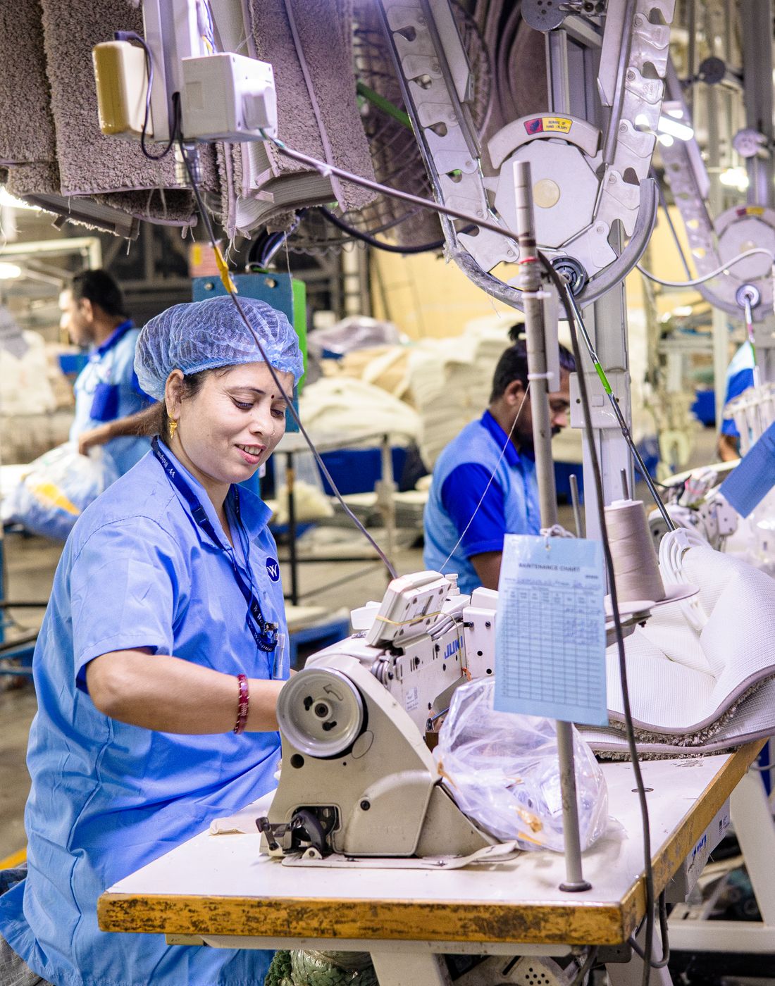 Close-up of precision stitching on a production line