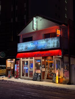 Cozy Japanese bar illuminated at night, featuring snowy surroundings and vibrant signs.