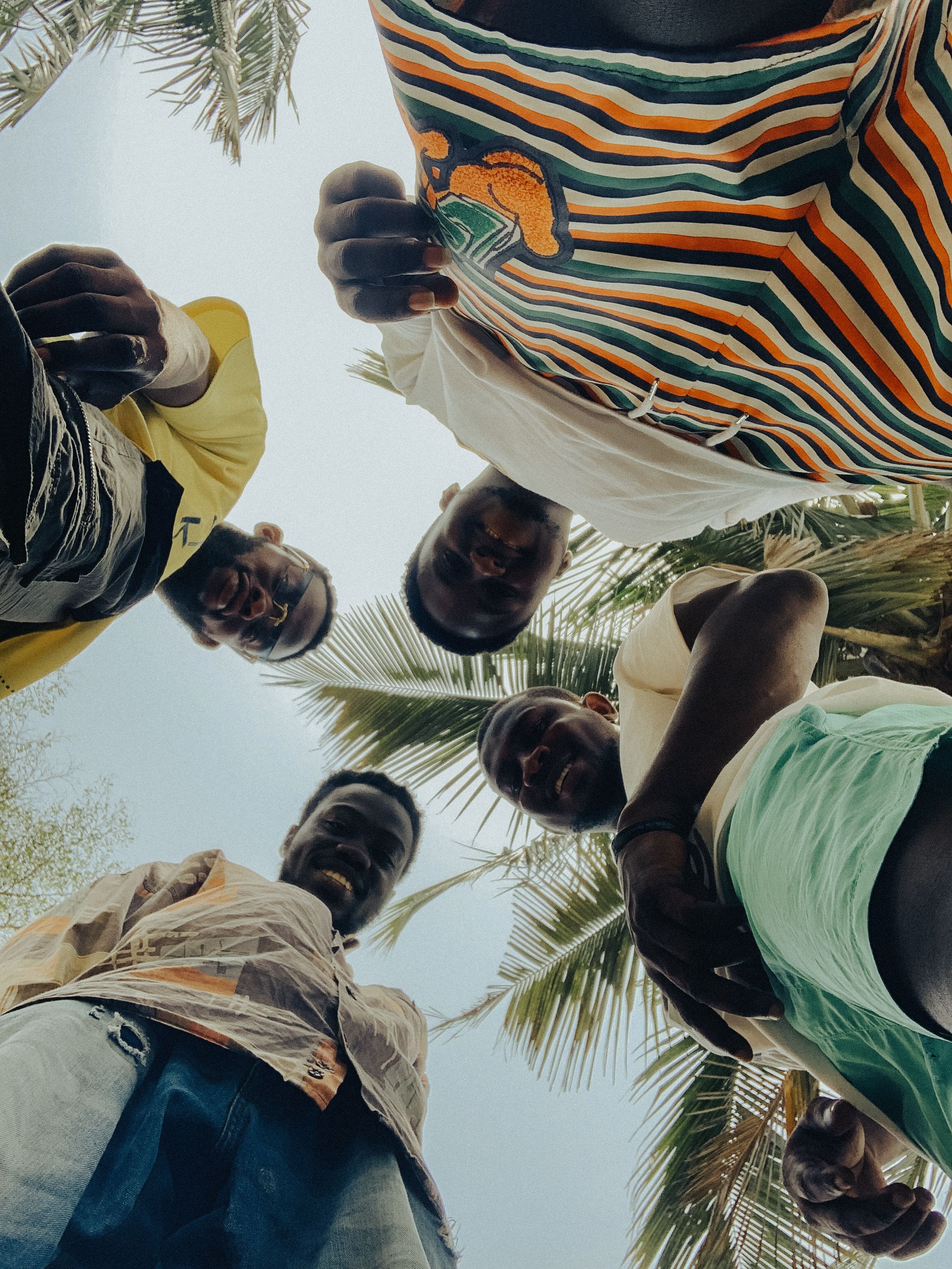 A group of friends looking down at the camera, surrounded by palm trees on a sunny day.