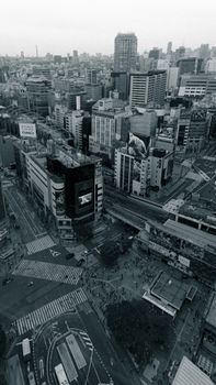 A high-angle view capturing the vibrant, busy streets and towering buildings of Tokyo City.