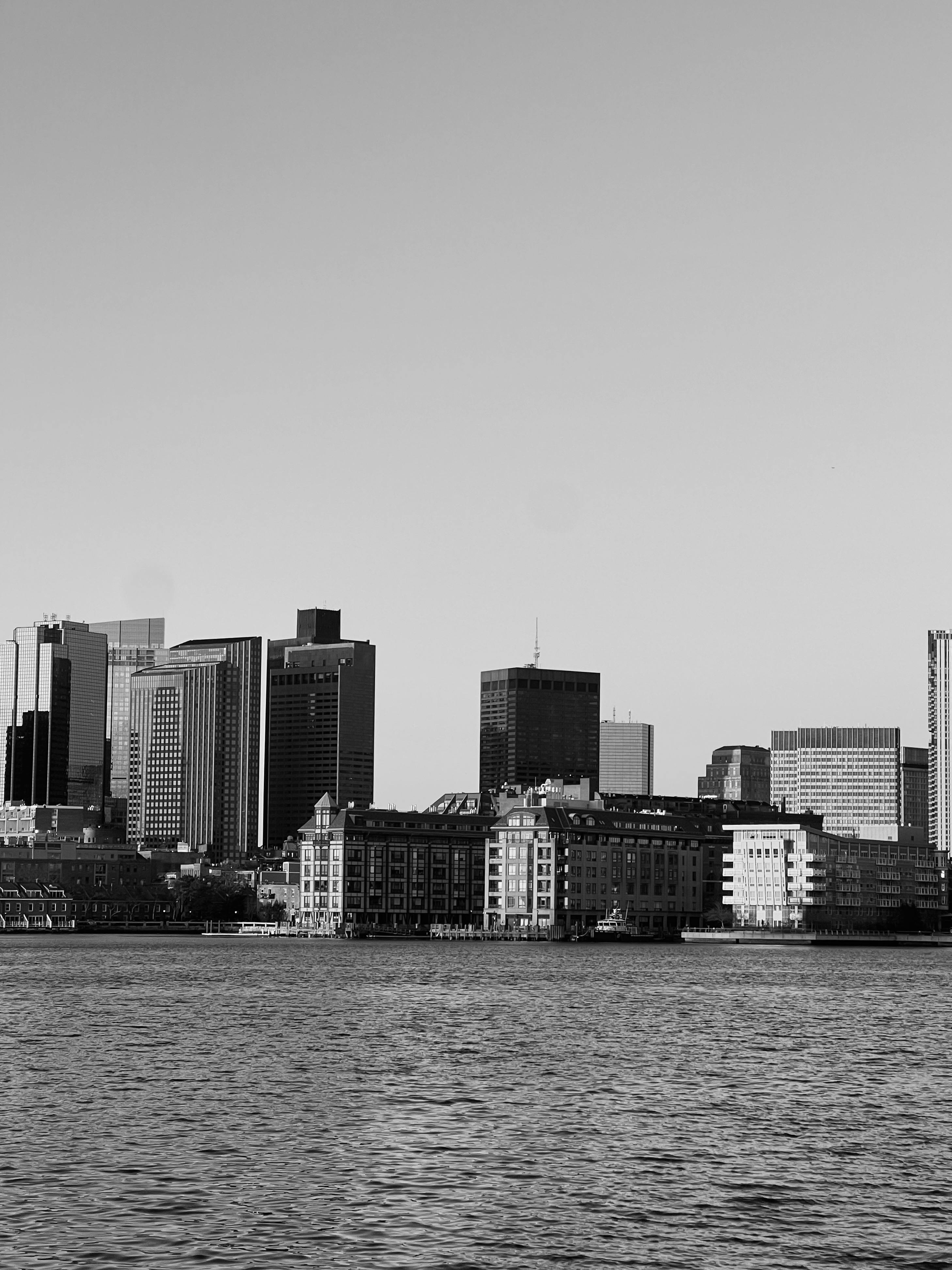 Elegant monochrome cityscape of urban skyline by the water.