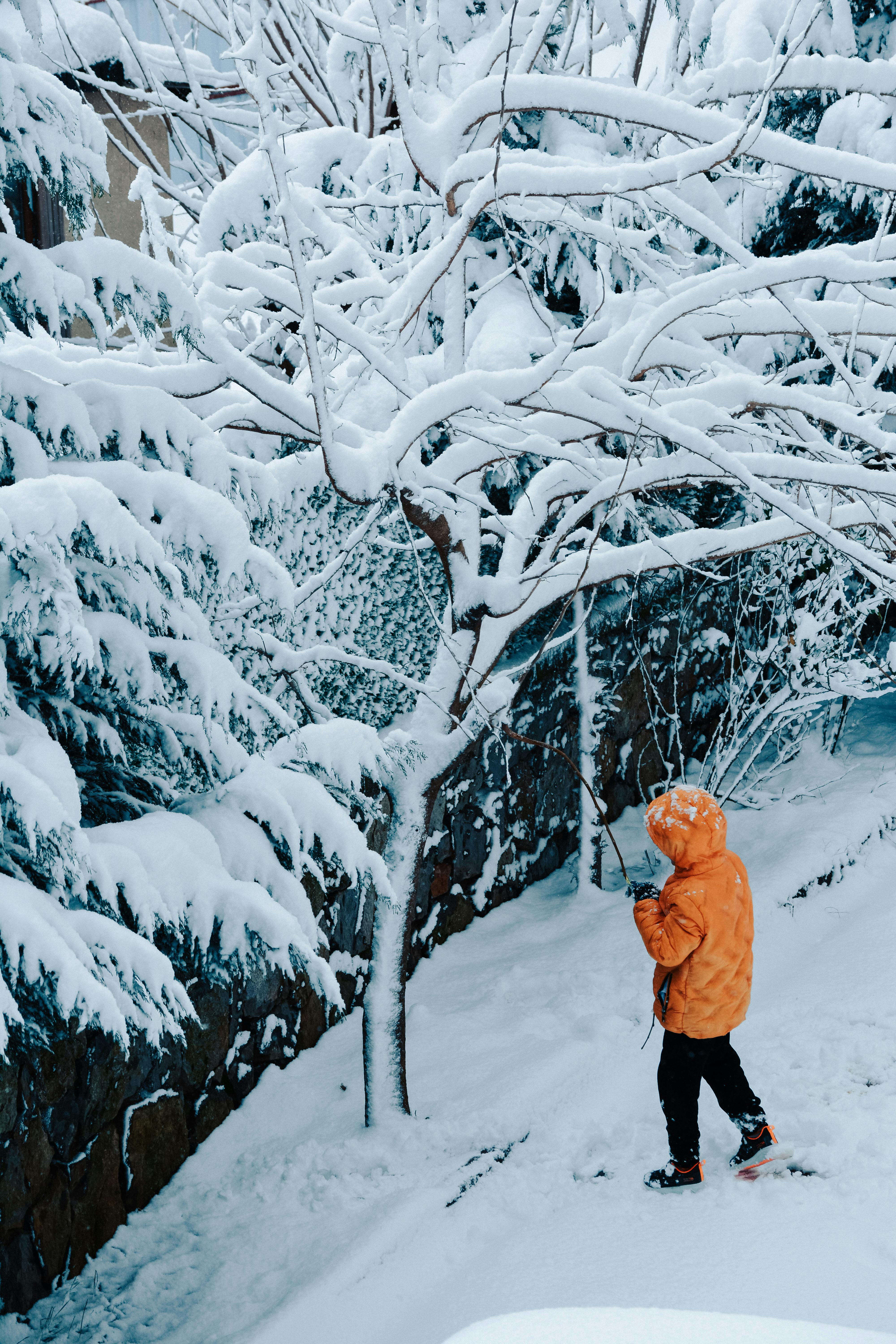 A child in an orange jacket exploring a snow-covered garden in Istanbul, Türkiye.