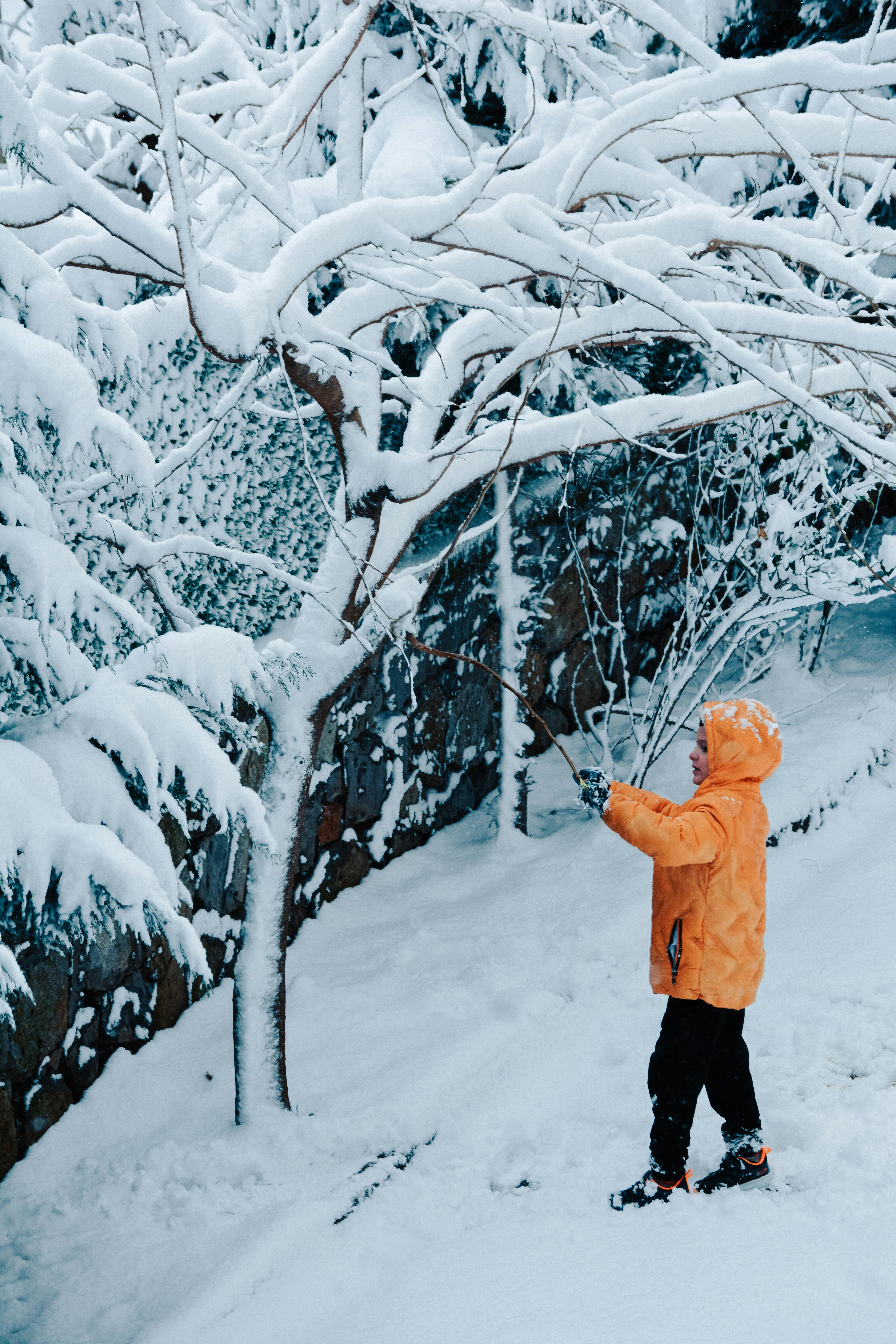 A child in a bright orange jacket plays with snow-covered trees in an İstanbul park during winter.