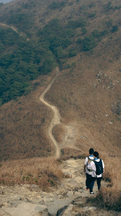 Free Two people hiking along a winding mountain path surrounded by nature, perfect for adventure and outdoors enthusiasts. Stock Photo