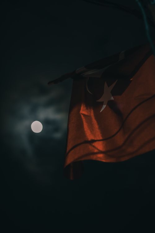 Free Low angle of waving national flag against dark night sky with bright moon Stock Photo