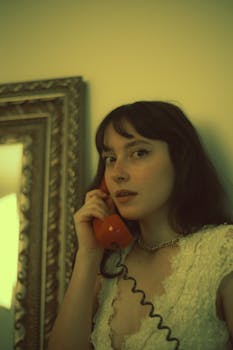 A vintage-style portrait of a woman holding a red rotary phone indoors.