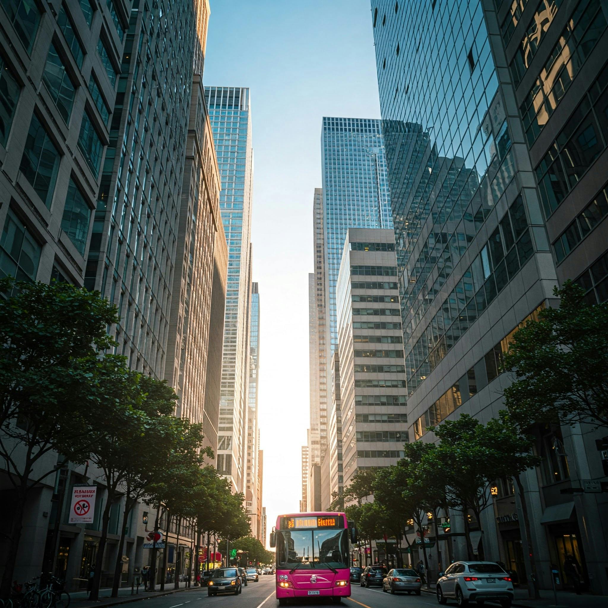 A vibrant pink bus travels through a city street flanked by towering skyscrapers at sunset.