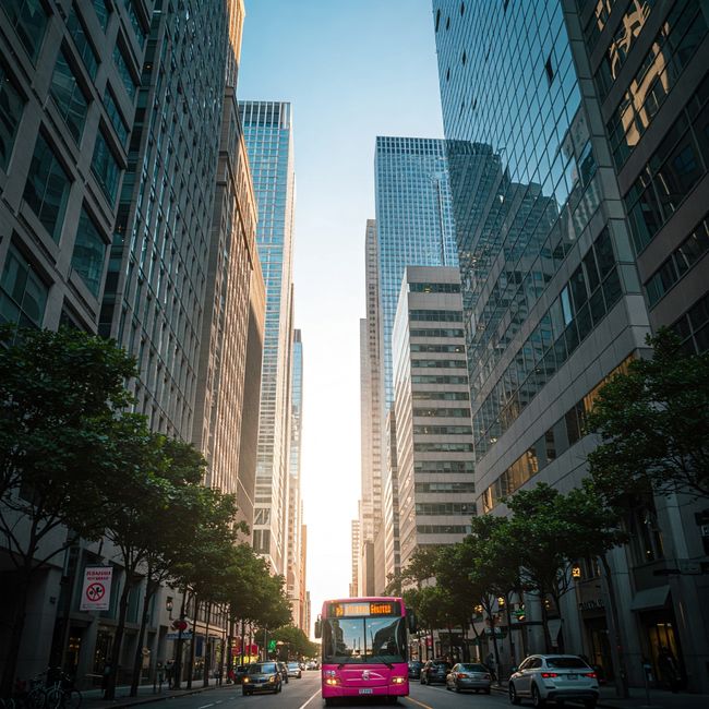 A vibrant pink bus travels through a city street flanked by towering skyscrapers at sunset.