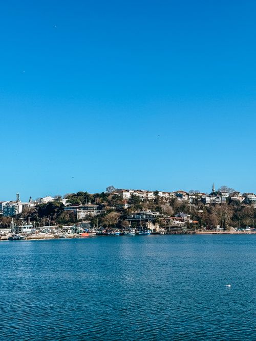 Free Charming coastal town with lush greenery and calm water under a clear blue sky, perfect and serene. Stock Photo