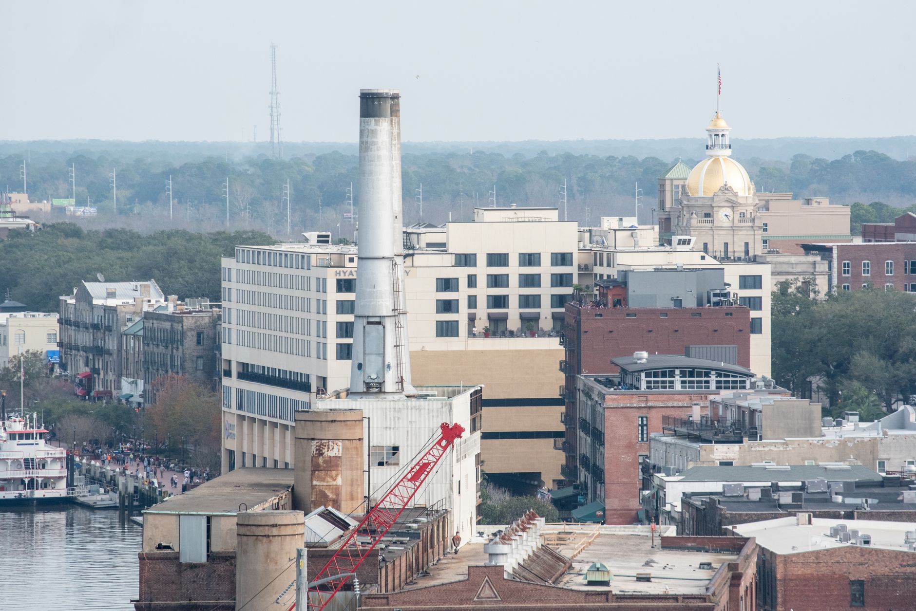 Aerial view of Savannah, Georgia showing historic buildings and cityscape.