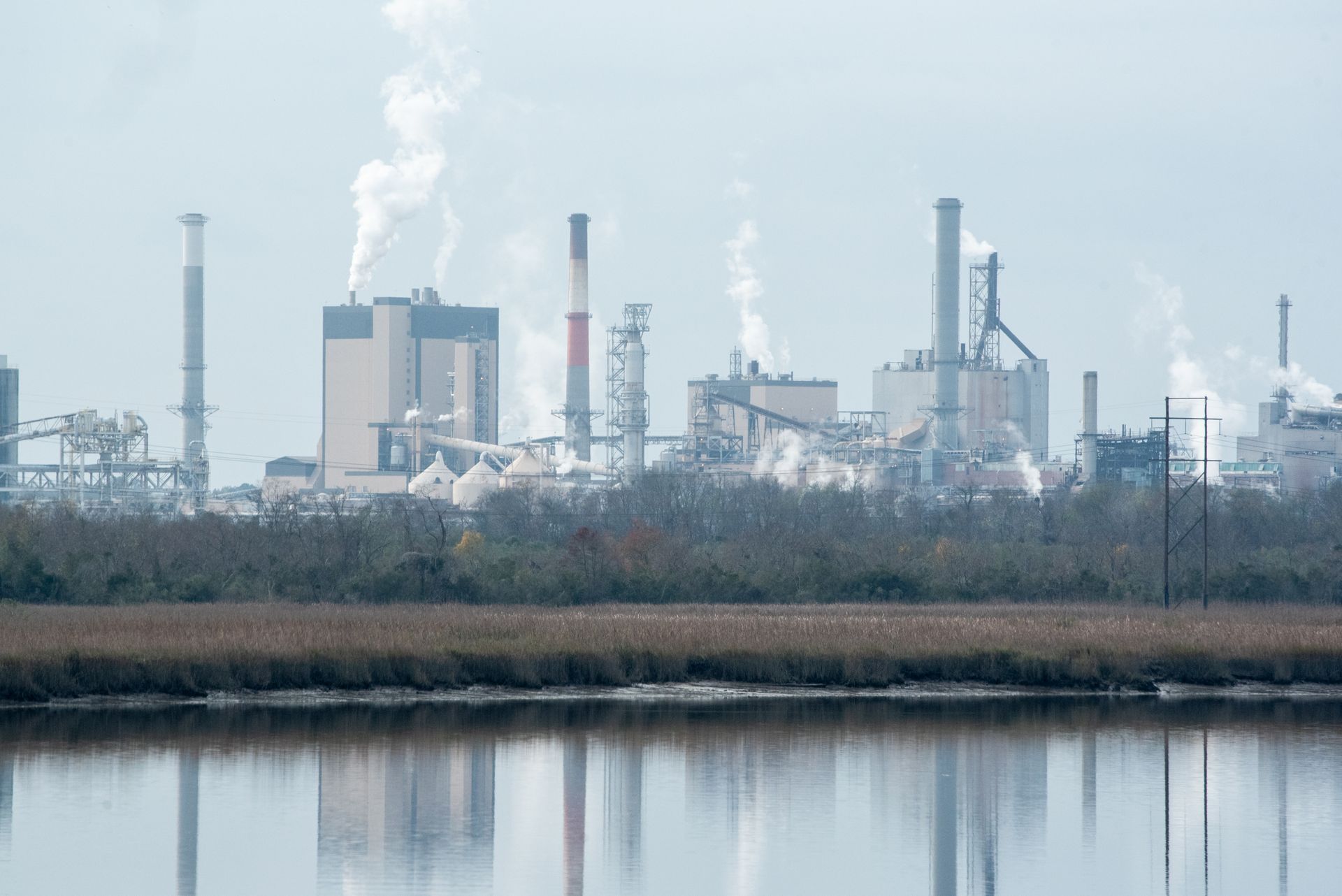 View of an industrial plant with smokestacks emitting smoke, located in Georgia, USA.