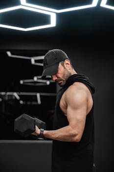 Man in sleeveless hoodie and cap lifting weights in a stylish gym setting.